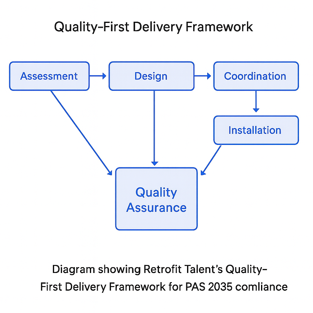 Diagram showing Retrofit Talent's Quality-First Delivery Framework for PAS 2035 compliance.
